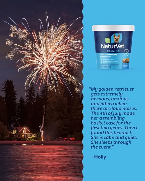A 4:5 vertical ad featuring a side-by-side layout with a fireworks display on the left and a customer testimonial for NaturVet calming treats on the right.